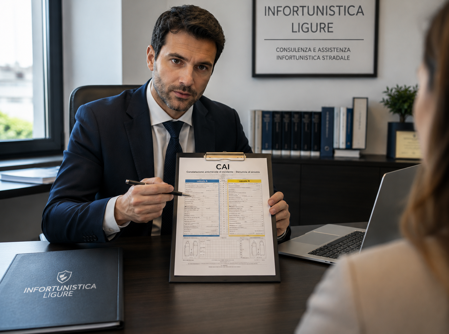 Ufficio professionale con una grande scrivania e librerie di testi giuridici.